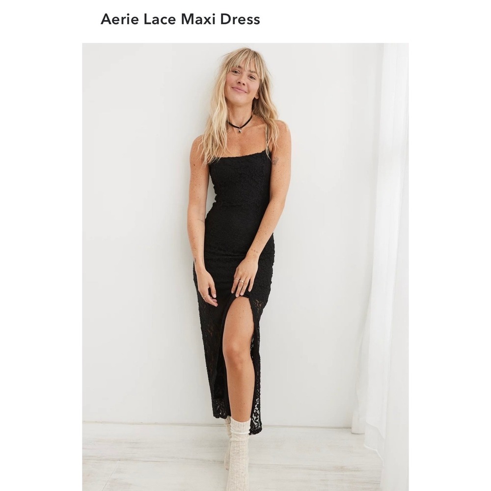 Aerie Dress Women M Black Lace Maxi Slit Adjustable Straps Floral Boho Sheer